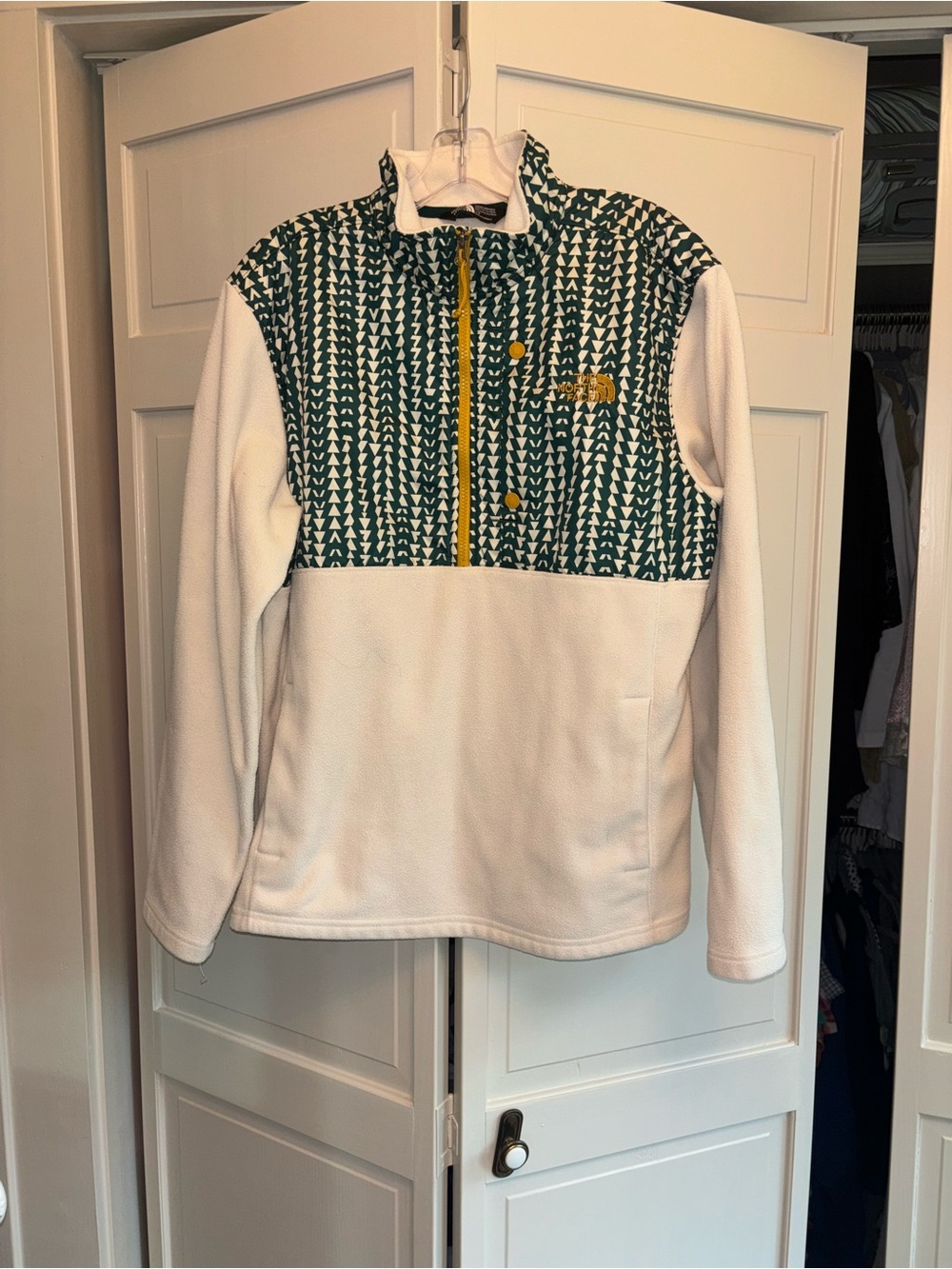 The North Face White Fleece Pullover with Green Pattern and Yellow Accents